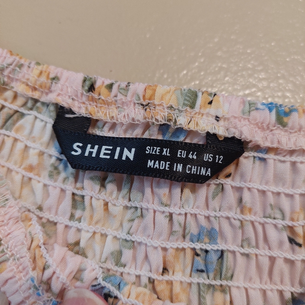 SHEIN Floral Smocked Puff Sleeve Mini Dress XL Light Pink Boho Square Neck - Picture 5 of 8